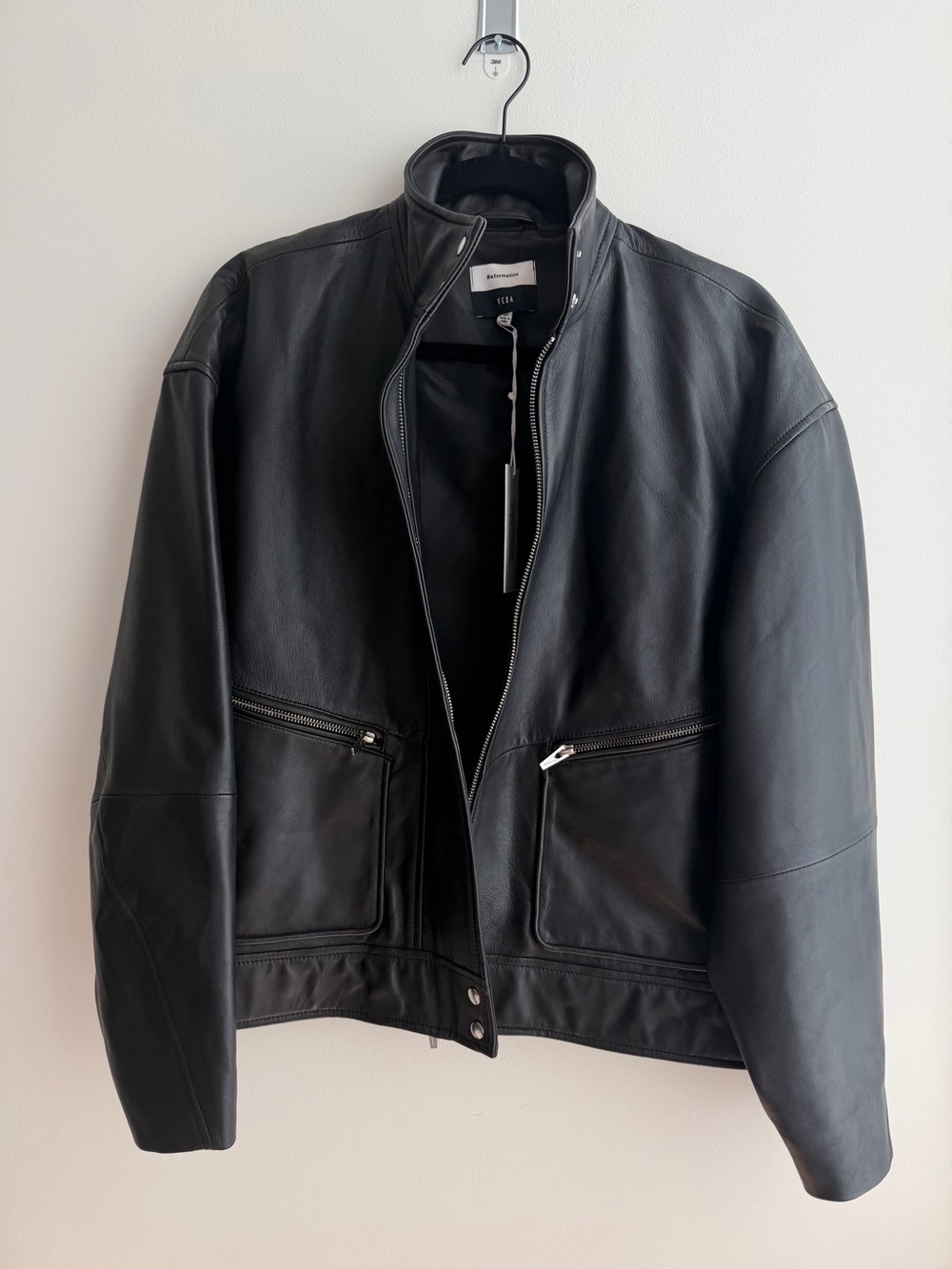NEW Reformation Veda Harrison Leather Oversized Bomber Jacket, Black XS - Picture 9 of 16